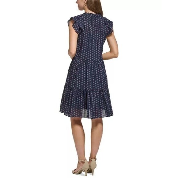 129$ Tommy Hilfiger Bella Floral Flutter-Sleeves Shift Dress Size 8 Navy Blue - Picture 2 of 4